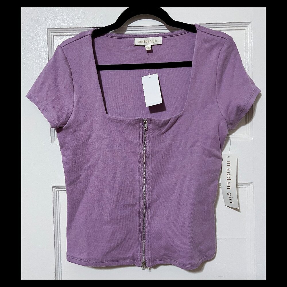 Madden Girl Juniors Purple Cap Sleeve Zipper Detail Knit Crop Top XL NWT